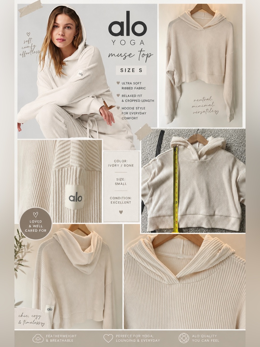ALO Yoga Ivory Ribbed Cropped Hoodie - Small